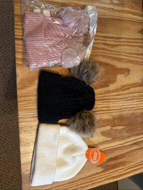 Kids Double Pom Beanie Hat - Black and Pink. Plain white. NEVER WORN